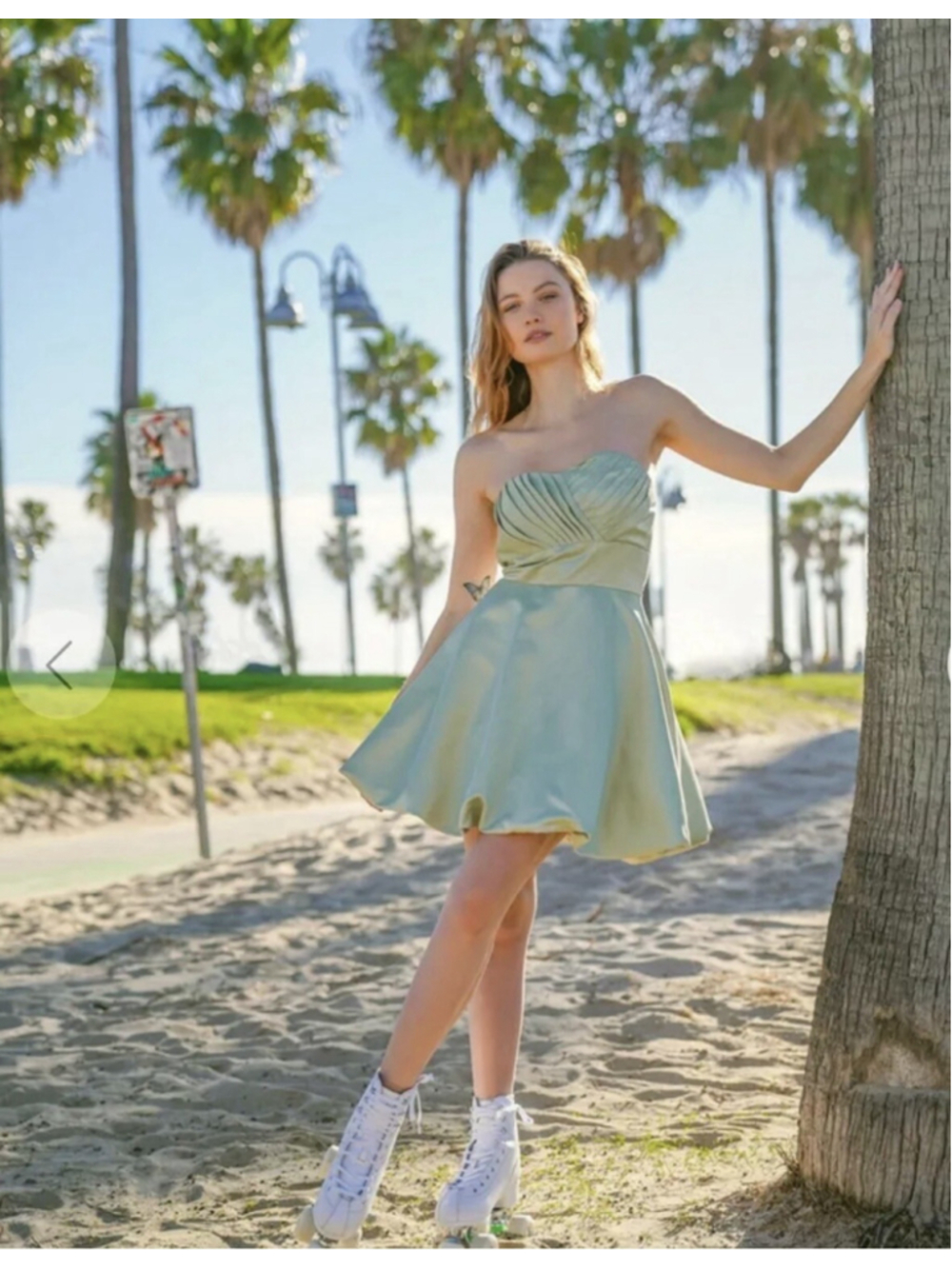 NTW Narianna Satin Strapless Pleated Prom L Puffy A Line Short Dress Sage Green